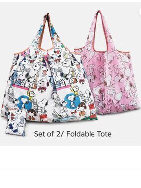 （Set of 2) Snoopys Dog Tote Light Pink White 2-Way LARGE Market Foldable Bag